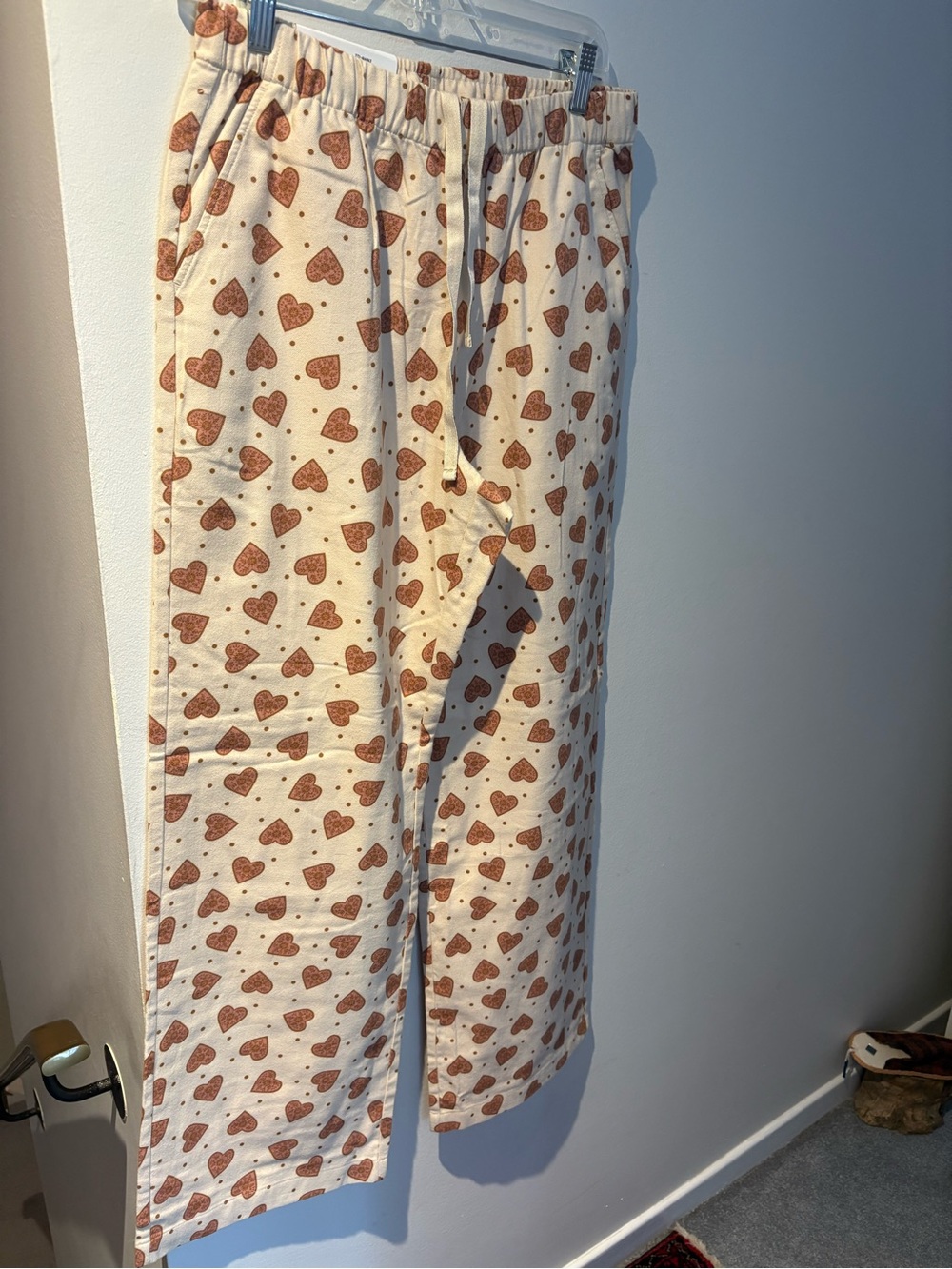 Women’s Cream Pajama Pants with Brown Heart Print by